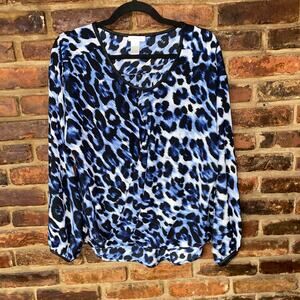 Cache Blue Leopard Animal Print Long Sleeve Faux Wrap Blouse Women's Size Medium